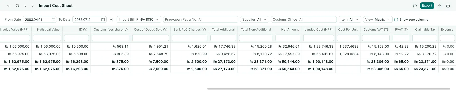 BookPana Import Cost Sheet with fictional records for Sagarmatha Traders, desktop layout